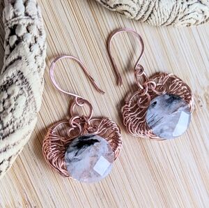 Unique Copper Earrings Faceted Tourmilated Quartz Gemstones Organic Design